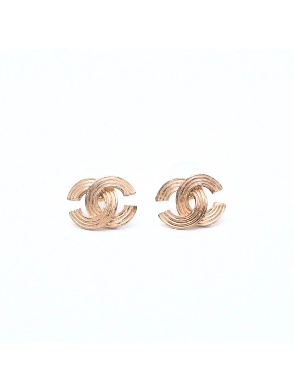 Chanel CC Logo Shape Stud Earrings Rib Texture 00 Gold Metal